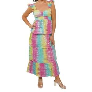 Saylor Leola Metallic Heart Tie-Dye Tiered Midi Dress XS